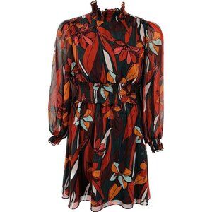 Forest Lily Mini Dress Size XS High Neck, Elastic Waist Fall Print Metallic